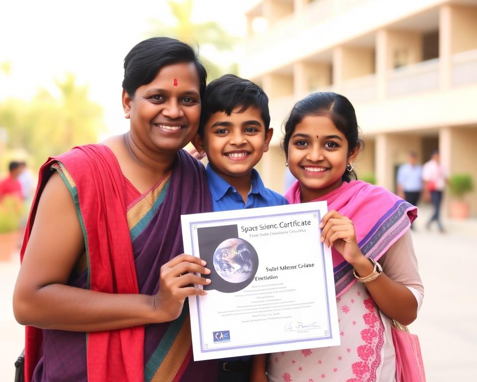 Indian student proudly showing their Space Science Graduate Certificate to their parent