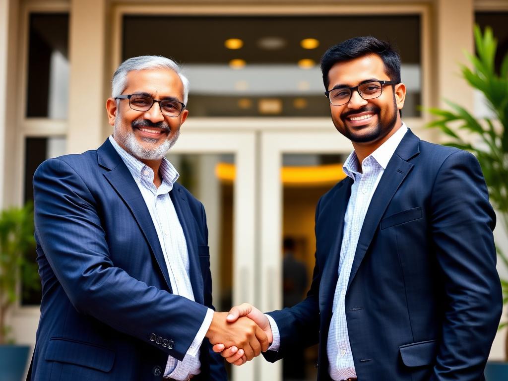 School owner shaking hands with Dr. Vinod Kumar